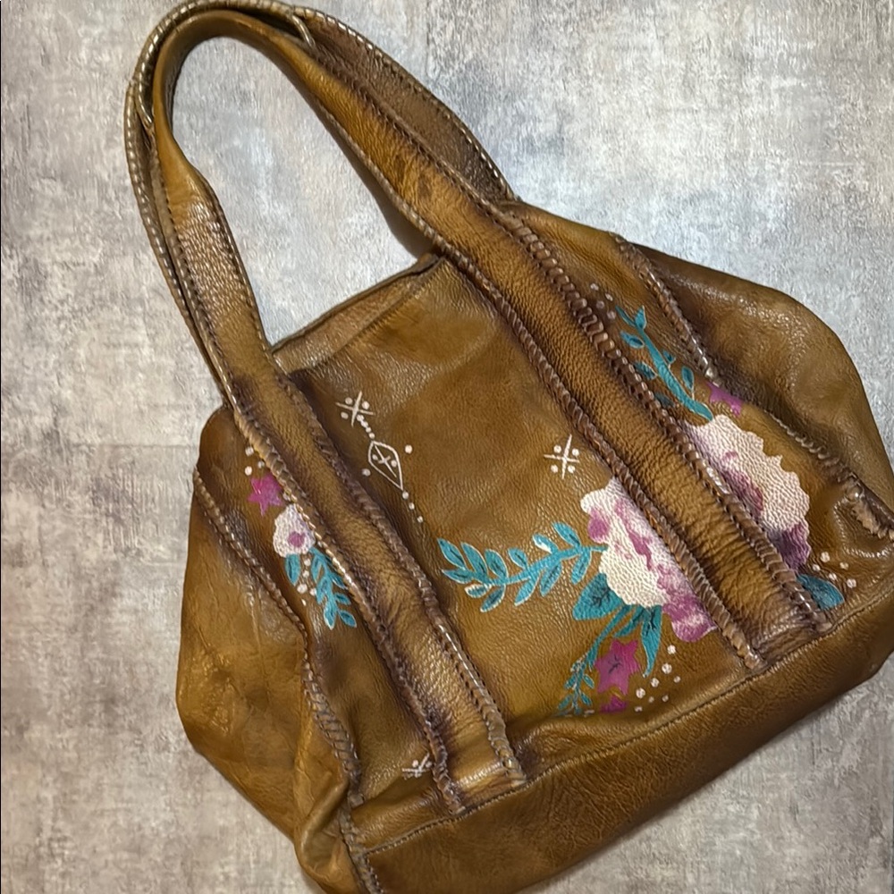 Free People Floral Painted Brown Leather Bag